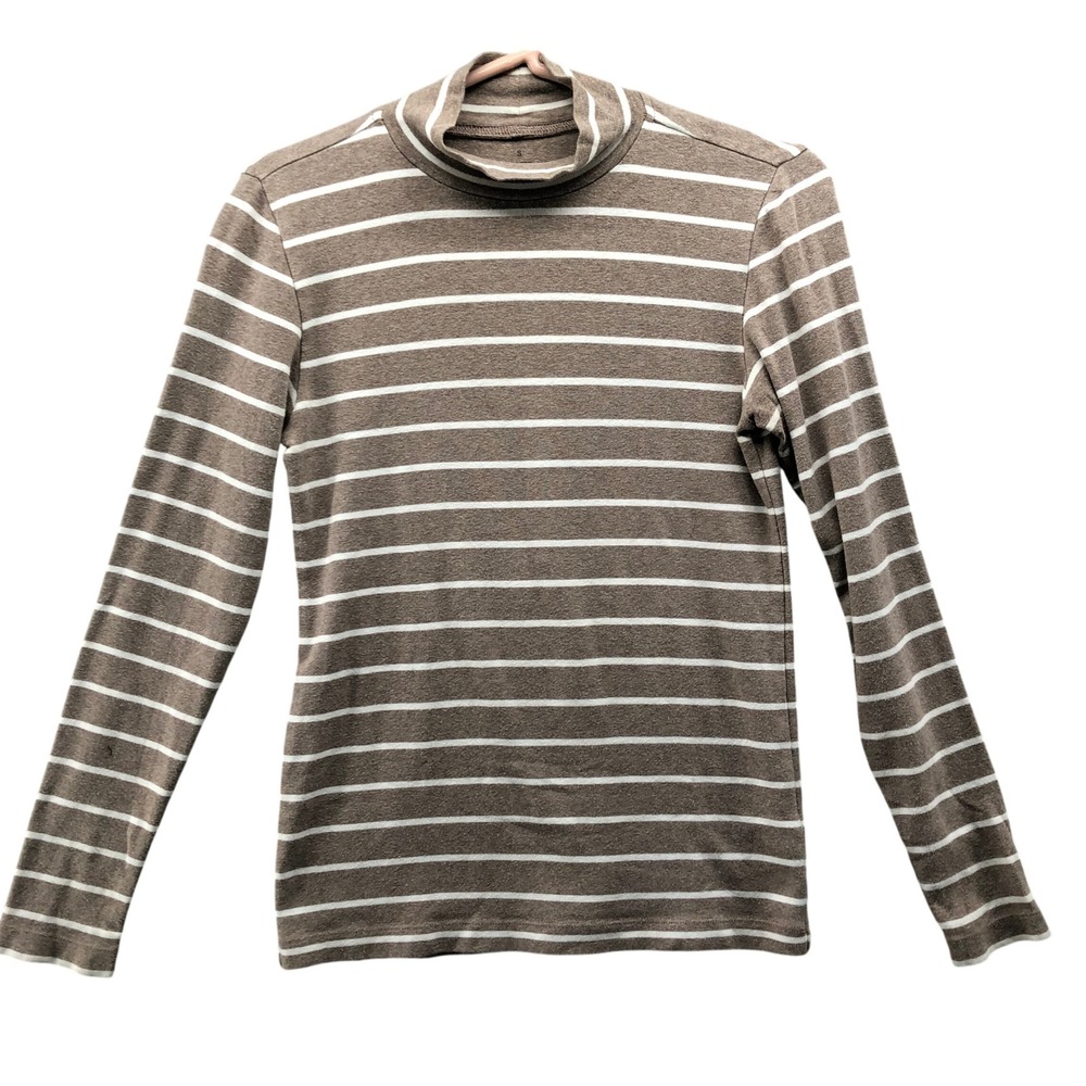 Muji Mock‎ Neck T Shirt Womens S Long Sleeve Striped Light Brown White Stretch